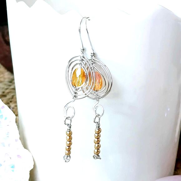 Boho Style Beaded Dangle Earrings, Wire Wrapped Glass, OOAK Statement Chic - Picture 6 of 9